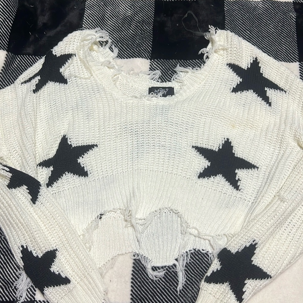 Just Polly White with Black stars Hem Cropped Sweater